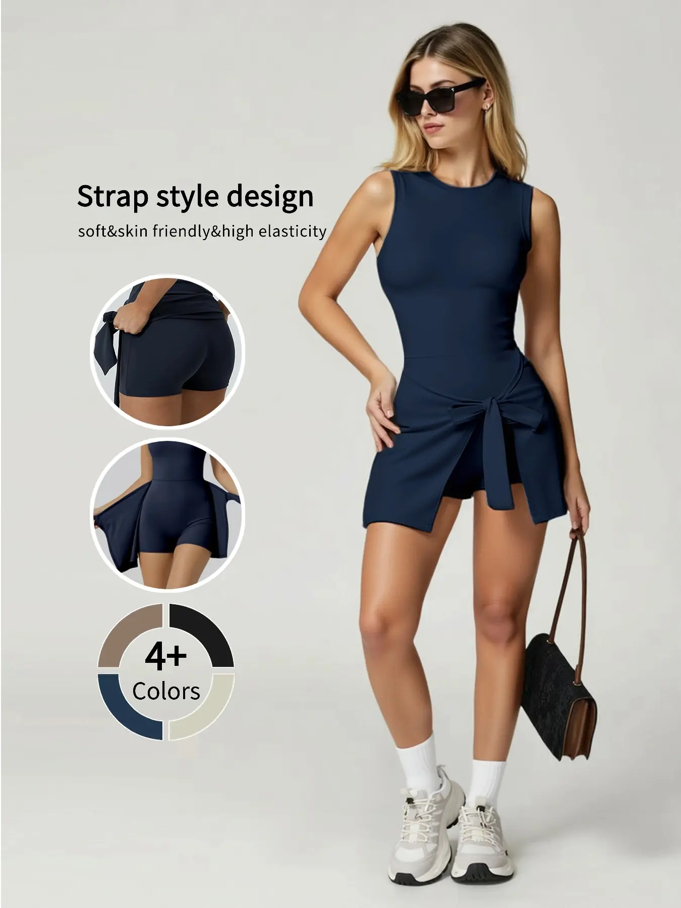 Women's Sleeveless Athletic Dress with Built-in Shorts & Bra, Belted Bodycon Fit Tennis Attire in High Stretch Nylon Knit, Sports Dress, Bodycon Cut, Sleek Profile, High-Stretch Fit Moves Easy, Machine Washable, Easy Care, Crew Neck, Fitted