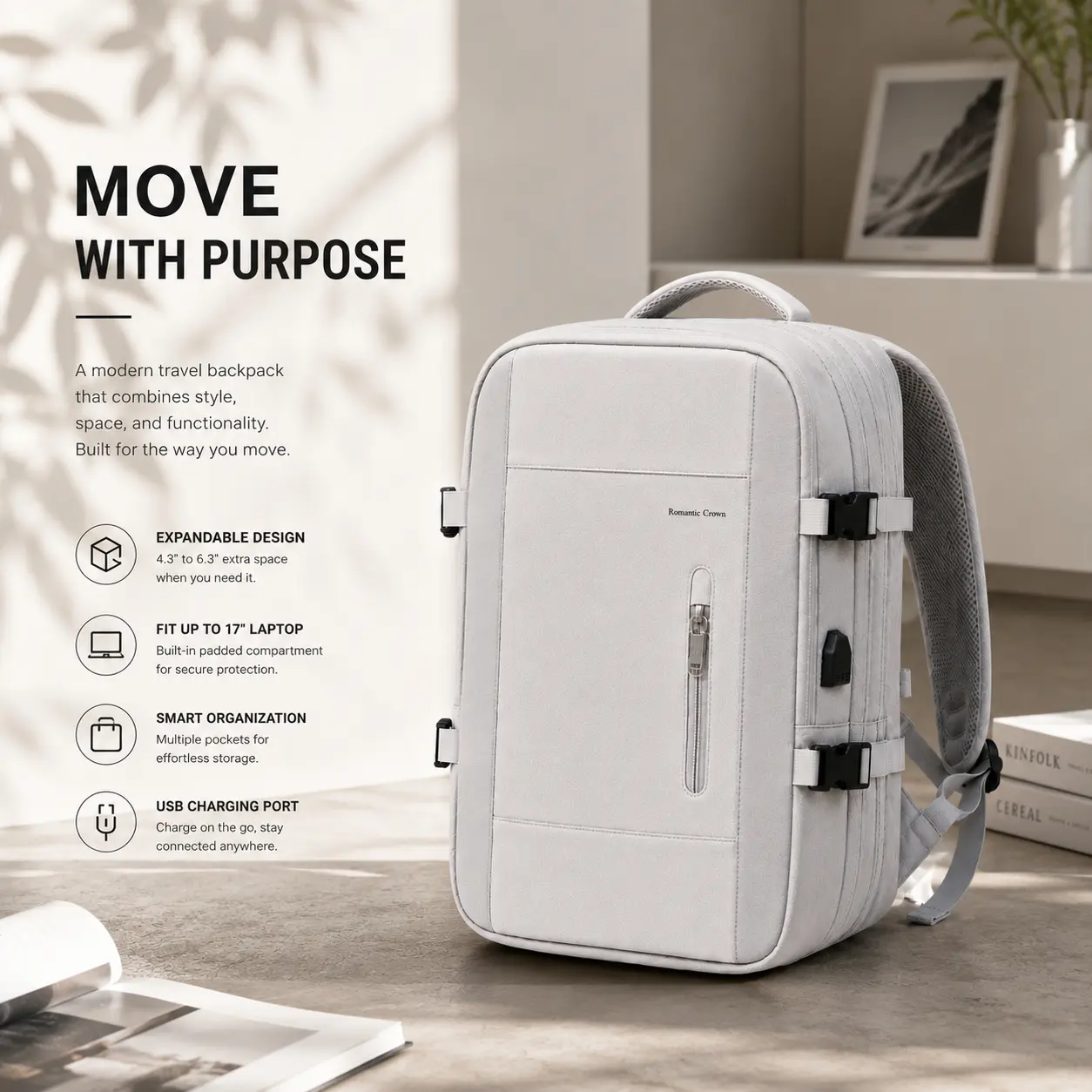 Expandable Travel Backpack Fits Up to 17 Inch Laptop, Water Resistant Business Carry On Bag with USB Port for Work, Travel, Commute