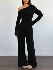 Women's Fall Winter Knit Fitted Long Sleeve Top and Wide Leg Pants Set, Womenswear, Casual Comfort Homewear, Plain Two-Piece, Fashionable Design, Ideal Gift Choice, Outfit, Clothes