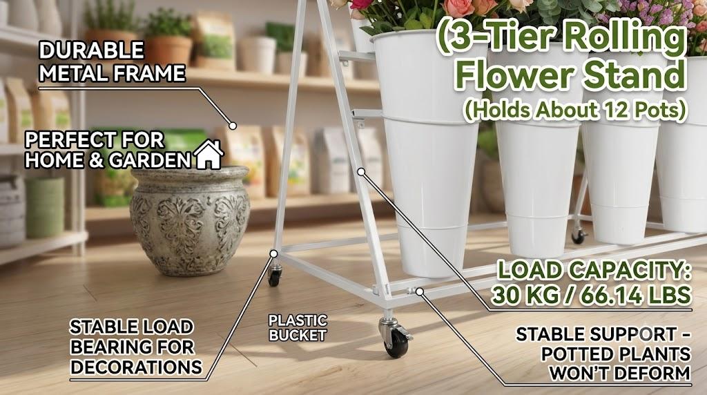 3-Tier Multi-Layered Metal Rolling Flower Cart with 12 Buckets, Wheels-Brakes, Mounting Kit, 30 kg/66.14 lb Capacity, Event Decorations Display Stand for Flower Shops, Home Garden 3-Tier Multi-Layered Metal Rolling Flower Cart with 12 Buckets, Wheels-Brakes, Mounting Kit, 30 kg/66.14 lb Capacity, Event Decorations Display Stand for Flower Shops, Home Garden
