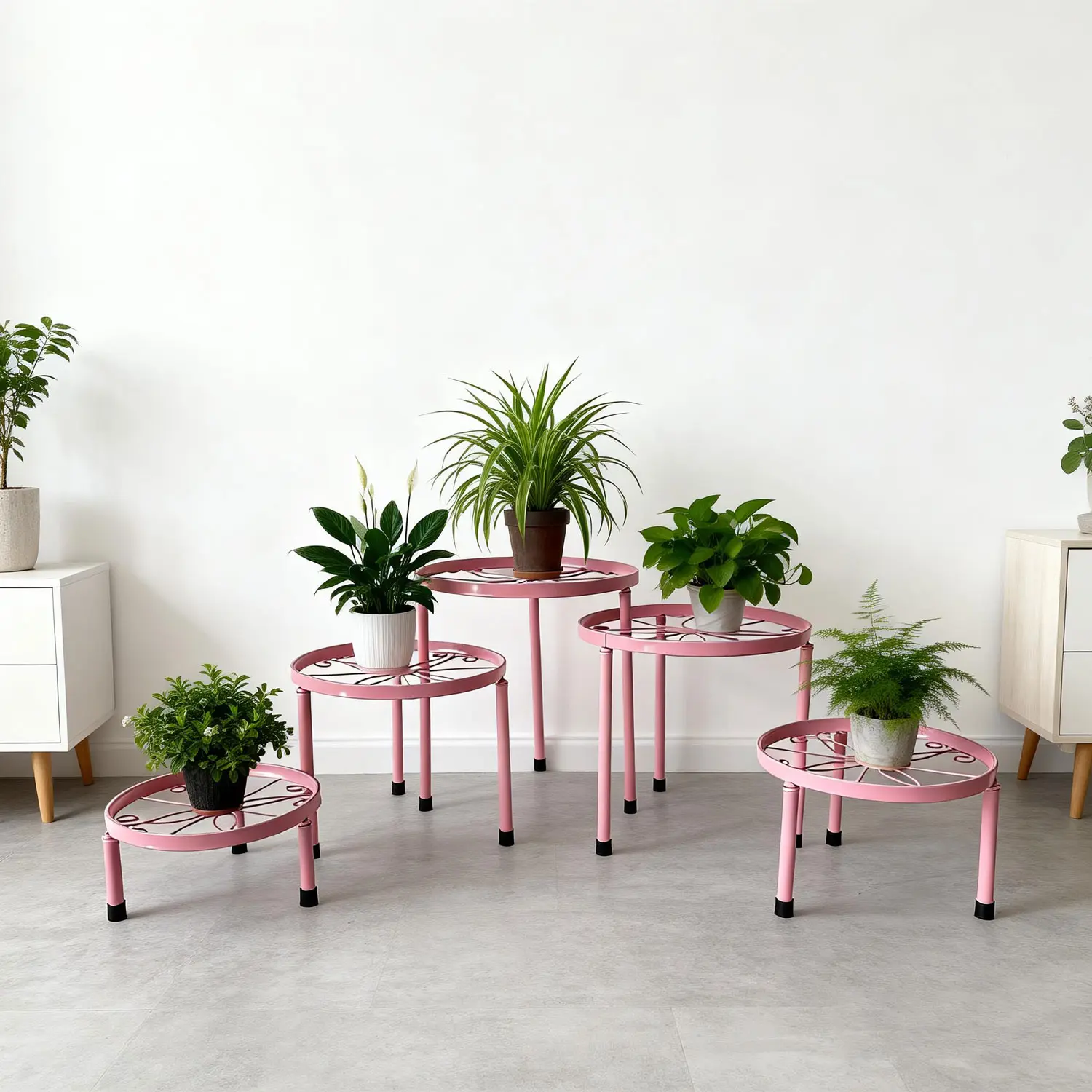 5-Set of heavy duty plant supports with sturdy iron metal base for large potted plants| Patio, garden, living room for indoor and outdoor use