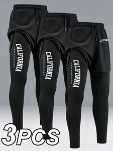 Men's Trendy American California Print Sport Pants 3-Pack, Summer Breathable Quick-Dry Running Training Long Pants, High Elasticity Comfort