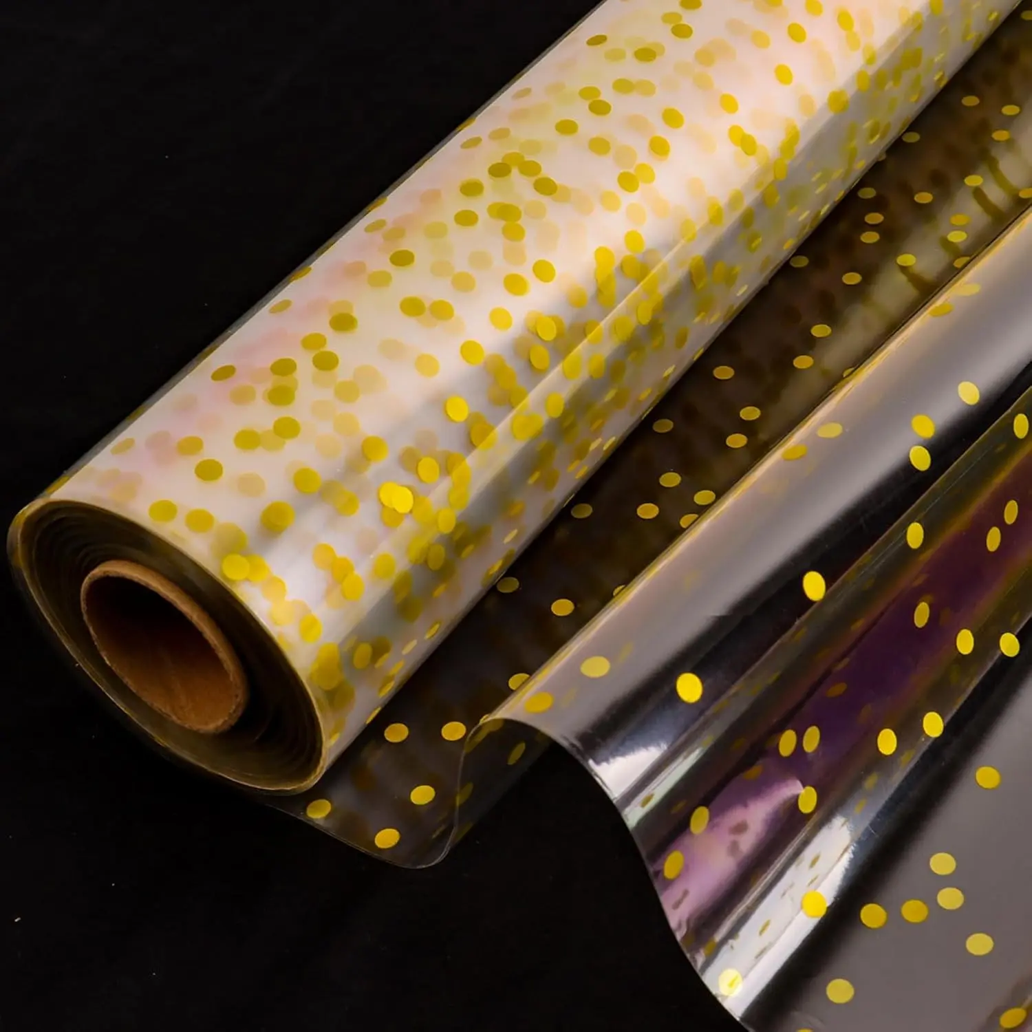 Clear Cellophane Wrap Roll (34" x 120'Ft) 3Mil Gold Polka Dot, Gift Wrap Roll, Cellophane Wrap for Gifts, Baskets, Flowers, Party Decorations