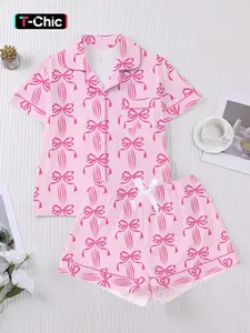 [Valentine's Day] Women's Spring Summer Sleepwear Homewear Loungewear Pajamas Set, Elegant Floral Print & Bow Design, Comfortable Shirt Collar Top & Elastic Hem Shorts