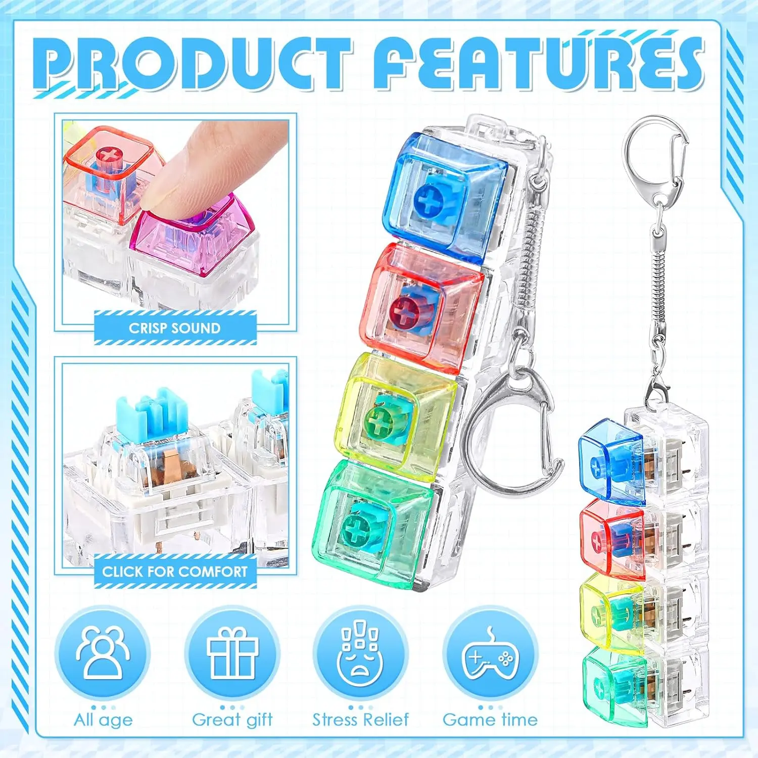 Keyboard Adult Fidget Toy Clicker Toy, Keyboard Fidget Keychain Cube ...