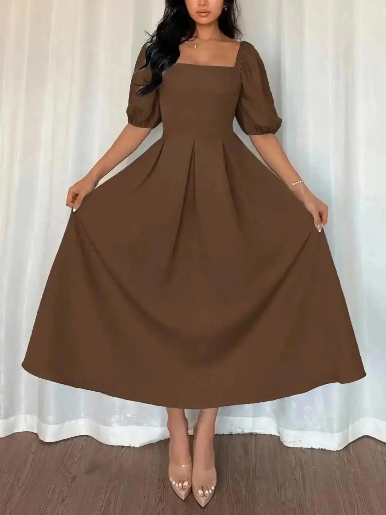 Sleek Elegant Women's Solid A-Line Midi Dress, Square Neck Bubble Sleeve, Waist Cinched Flared Hem, Perfect for Casual and Formal Occasions, Street Style, Outdoor, All Year Style, On The Go, Event Wear, Night Out