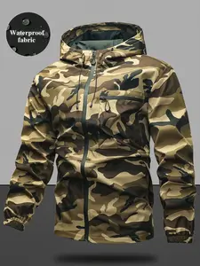 Men's Solid Camo Pocket Drawstring Hooded Jacket, Regular Fit Zip Up Jacket, Stylish Outfit for Spring & Fall, Menswear, Men's Tops, Coats
