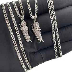 Set Mini San Judas silver 925 and CZ stone fígaro o Cuban chain 2.9mm Cubic Zirconia Necklaces Elegant Necklace