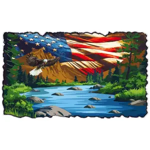 RV Camper Decal Mountain Lake Scene with American Flag Soaring Eagle