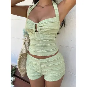 Women's Summer Vacation Textured Jacquard Tight Backless Camisole Metal Button Top And Shorts Set For Vacation Wear Bottom Clothes Fit Striped Jacket Womenswear Fabric Knot Pants Suits Gamis Basic Casual Green Sleeveless