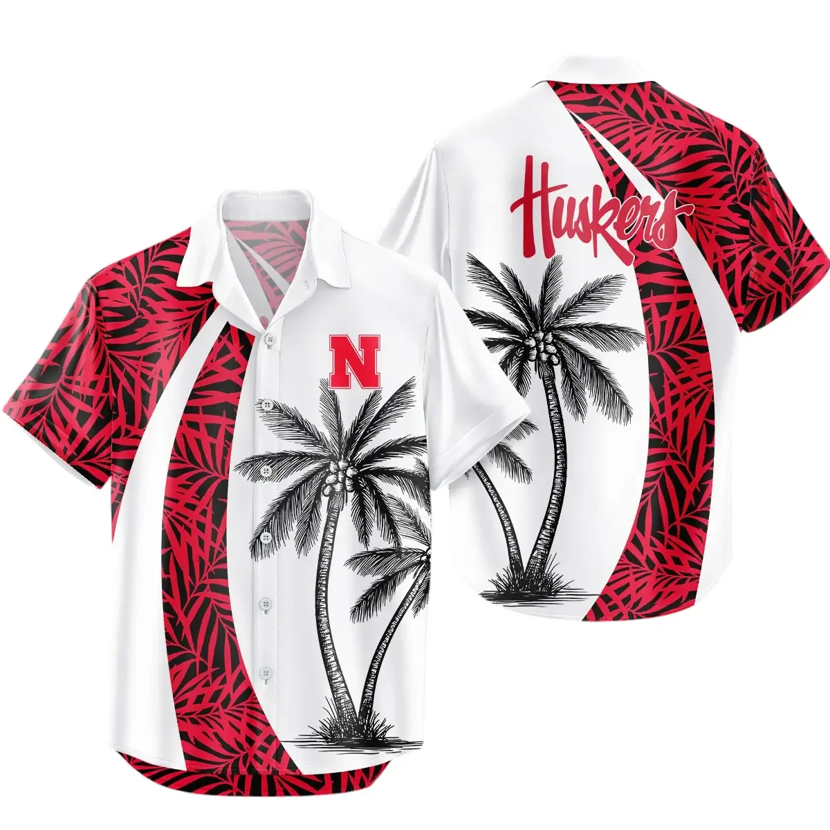 Nebraska Huskers Hibiscus Hawaiian Shirt Palm Tree Print with Red and White Design, Casual Short Sleeve Button Down Shirt, Sporty Team-Inspired Shirt, Unisex Summer Beach Shirt for Men Women
