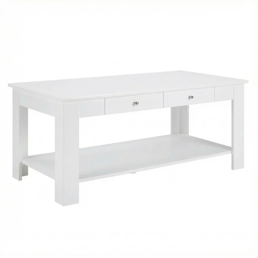 White Coffee Table with 2 Drawers and Shelf MDF Top Brushed Nickel Knobs