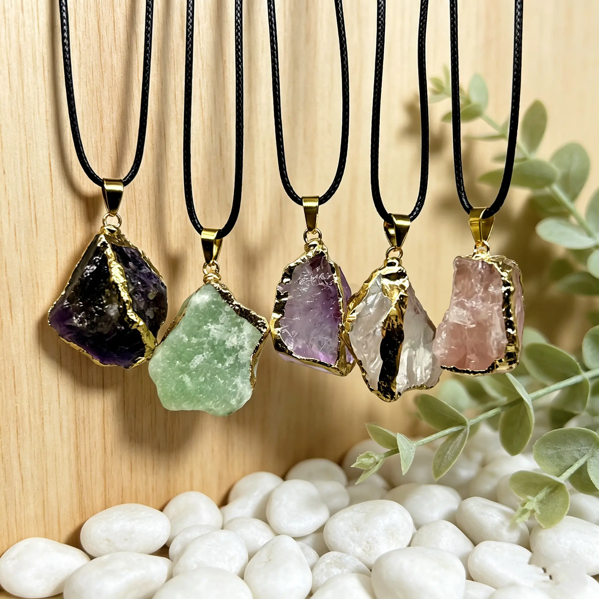5Pcs Handmade Boho Healing Crystal Style Pendant Necklace Set for Women, Gold Plated Edge Gemstone Charms with Black Cord, Amethyst Rose Quartz Clear Quartz Inspired Charms, Everyday Fashion Jewelry Gift