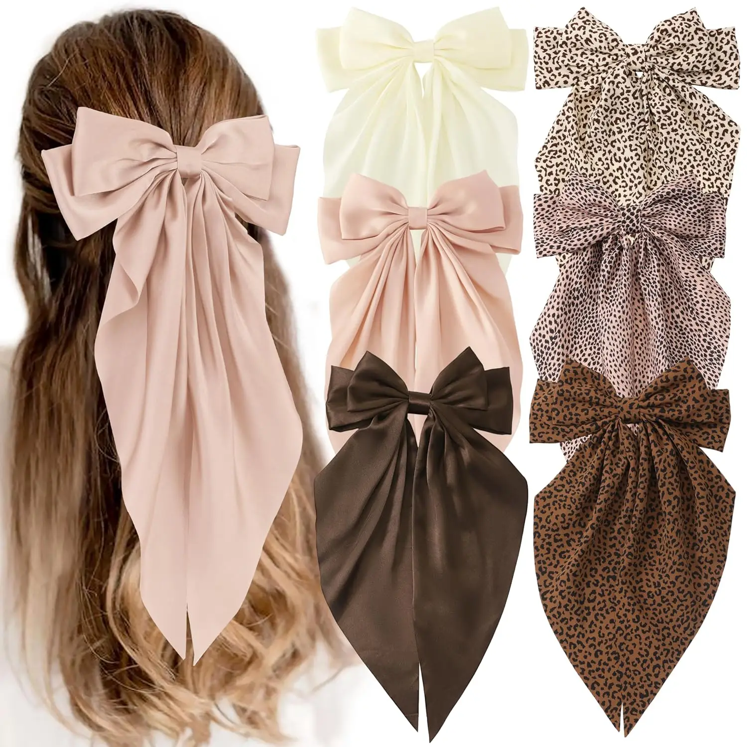 Solid Color Bow Decor Hair Clip (6 Counts/set), Satin Bows for Women Girls, Large Size Hair Ribbon, Hair Accessories for Women & Girls, Summer Gift, F