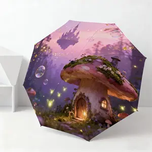 Mushroom House Umbrella, Automatic Open-Close Portable Travel Umbrella, Durable 8 Ribs, Sun Protection, Windproof, Women's Outdoor Accessory