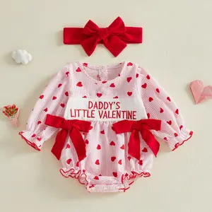 Infant Baby Girl Valentines Day Outfit Long Sleeve Heart Letters Bow Romper with Hairband Spring Clothes 0-18 Months