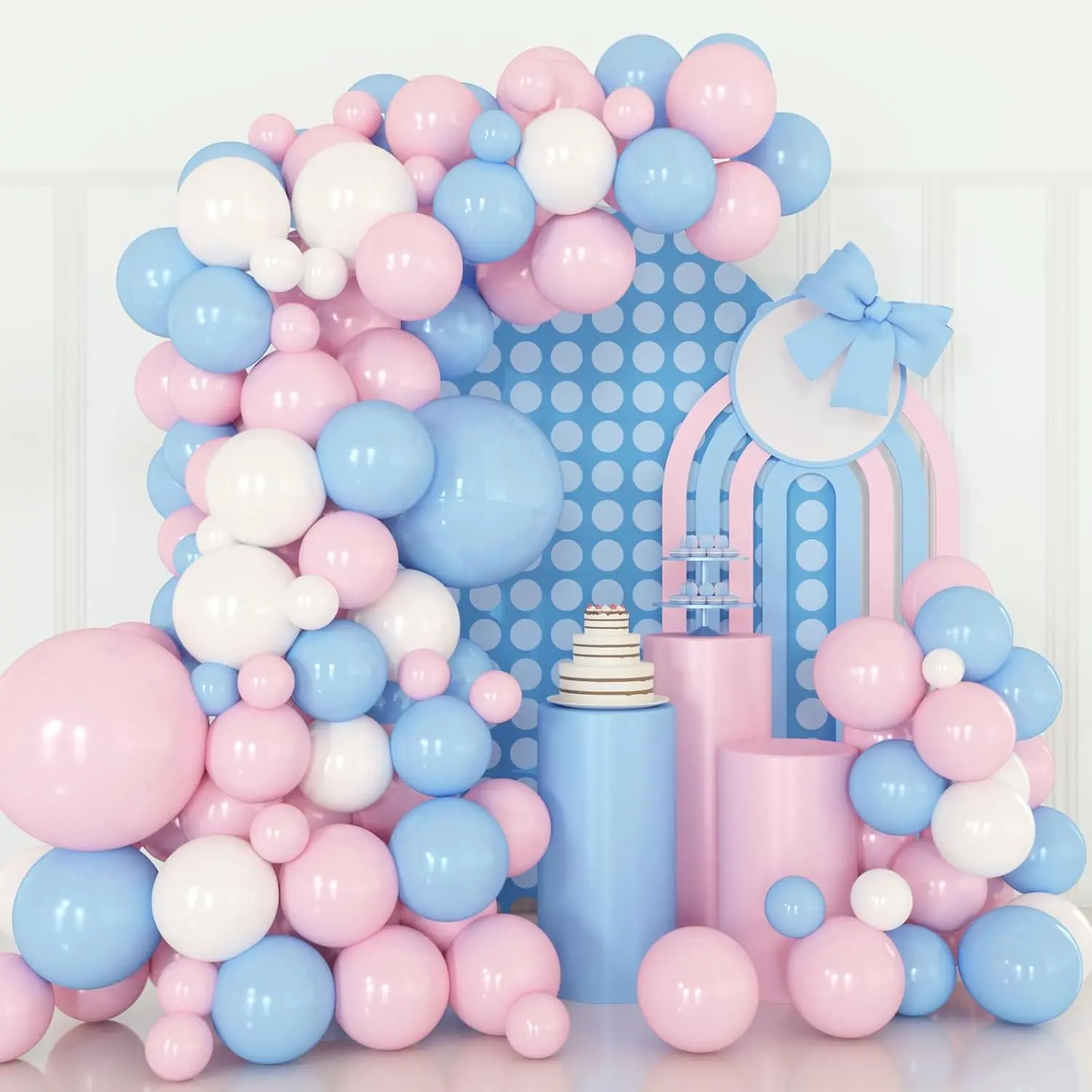 124pcs Multi-Size Latex Balloon Garland & Arch Full Kit - 4 Sizes, Pink/White/Blue, Knot Tool Set, Glue, Helium Compatible, Party Decor for Birthday, Anniversary