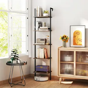 COSTWAY - 5 Tier Wall Mount Ladder Shelf with Anti-Tipping Kits for Home Office-Rustic Brown