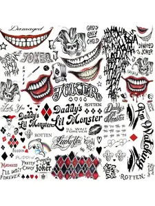 Unisex: Black 3D Short-Sleeve Tattoo Stickers — Featuring Halloween, Clown, and Other Designs