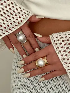 Y2K Punk Pearl Wide Open Ring for Women Men Metal Simple Geometric Exaggeration Finger Accessories Party Gift Fashion Jewelry Statement Rings