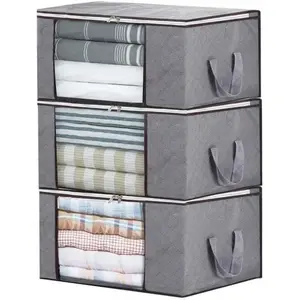 Clothes Storage Bags with Zips Duvet Storage Bag Thick Breathable Non-Woven Fabric Underbed Organiser for Quilt Bedding 3 PCS Grey 60x40x35cm