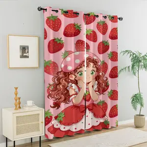 Adorable Lolita Style Strawberry Girl Curtains, Whimsical Strawberry Princess Curtain, Sweet Fairy Strawberry Girl Curtain, Cute Cartoon Girl with Strawberries & Polka Dots Print, Perfect Gift for Girls Bedroom Decor & Birthday Gifts