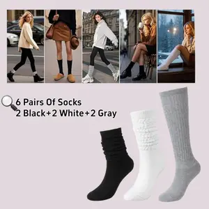 6 Pairs Women Slouch Socks ,Solid Color Long  Knit Knee Thick Scrunch Crew  Socks One Size（2 black+2 white+2 gray）