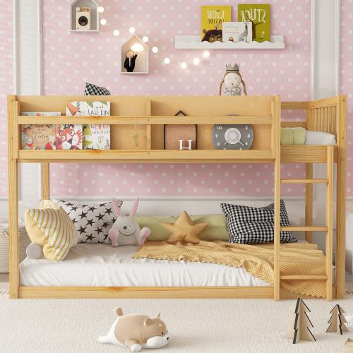Twin Over Twin Low Bunk Bed, Floor Bunk Bed with Ladder, Solid Wood Twin Bunk Bed Twin Over Twin Low Bunk Bed, Floor Bunk Bed with Ladder, Solid Wood Twin Bunk Bed