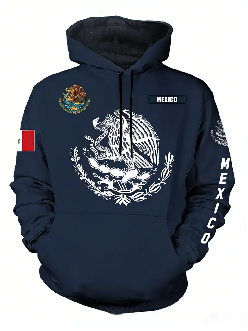 Mexican Cultural Pride Print Hoodie, National Pride Printing, Casual Fitted Design, Long Sleeve, Drawstring Pockets, Fall & Winter