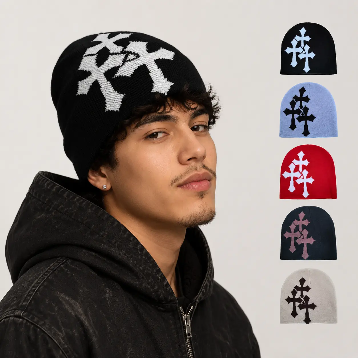 Y2K Cross Graphic Knit Hat | Soft Jacquard Beanie for Men & Women