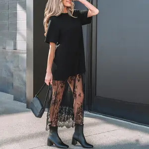 Women's Black Oversized T-Shirt Maxi Dress with Sheer Lace Hem Drop Shoulder Short Sleeve Perfect for Street Style...