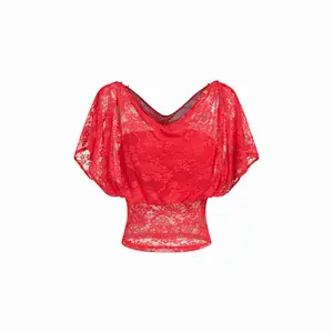 Cider Red Lace Puff Sleeve V-Neck Cropped Blouse - Sheer Floral Lace Short Sleeve Top for Women