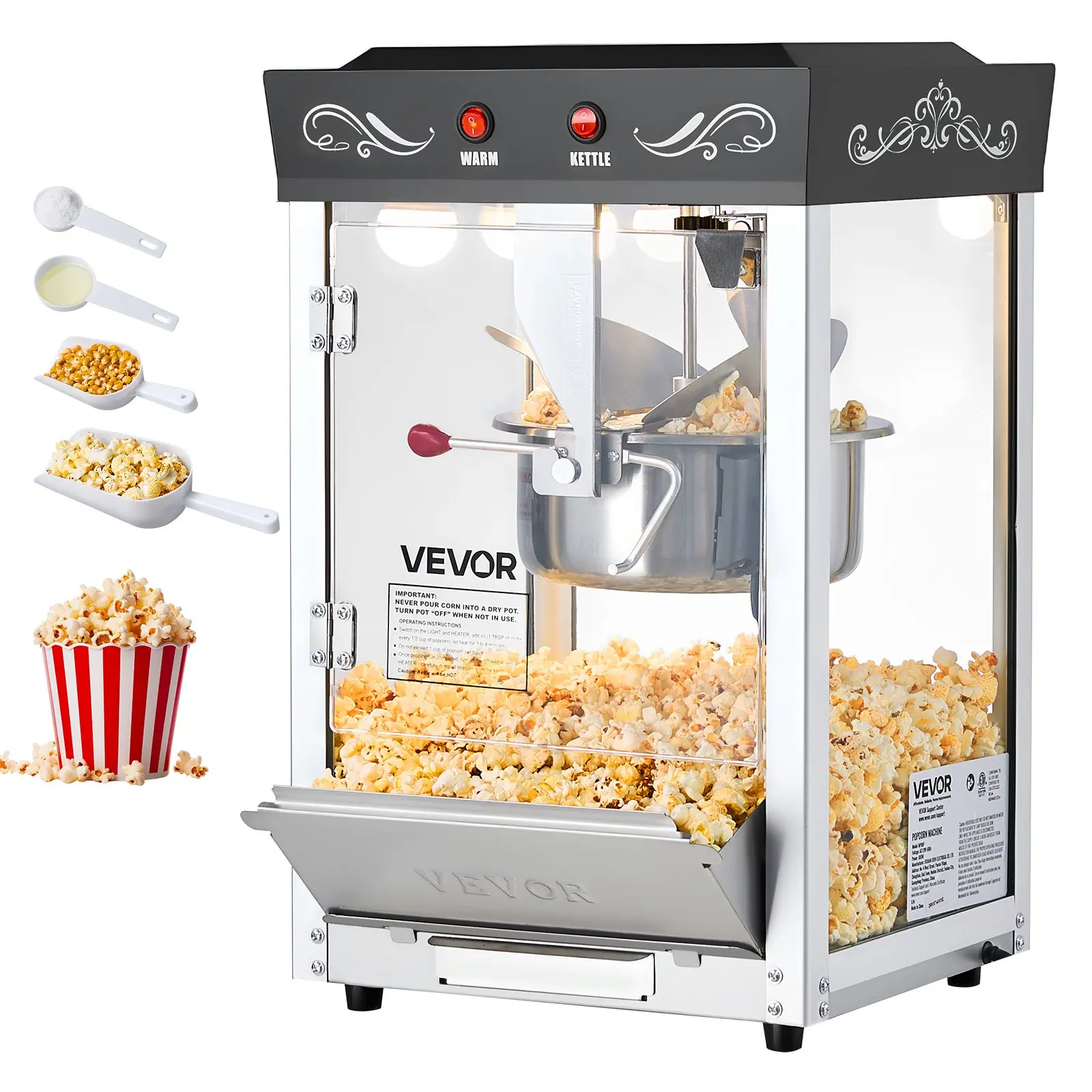 VEVOR Commercial Countertop Popcorn Machine, 8 oz Stainless Steel Kettle, 800W 48-Cup Per Batch Theater-Style Popper, AC120V 60Hz, 2-Button Control, Glass Wall PC Door, LED Light, 1 Scoop, 3 Spoons, Black, Glass Door