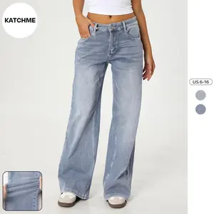 KatchMe Women's Leisure Low-Rise Stretch Multi-Pocket Wide Leg Jeans, Versatile Women's Bottom for Daily Wear Outdoor, Street Trousers, Cozy Womenswear(CN)