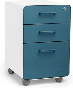 Poppin Stow 3-Drawer Rolling Mobile File Cabinet - White & Slate Blue, Powder-Coated Steel, Utility & Hanging File Drawers, Locking & Non-Locking Wheels, 2 Keys Included