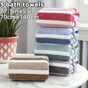 5-Pack Bath Towels, 70cmx140cm, Wide Striped Pattern, 300gsm Thick Coral Fleece, Quick-Dry, Soft & Comfortable, Bathroom Essentials