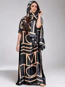 【Structured Geometry Collection】Elegant Satin Kaftan Robe, Ethnic Paisley Print Maxi Dress for Women with Scarf - Formal & Casual Party Wear, Ethnic Print Kaftan