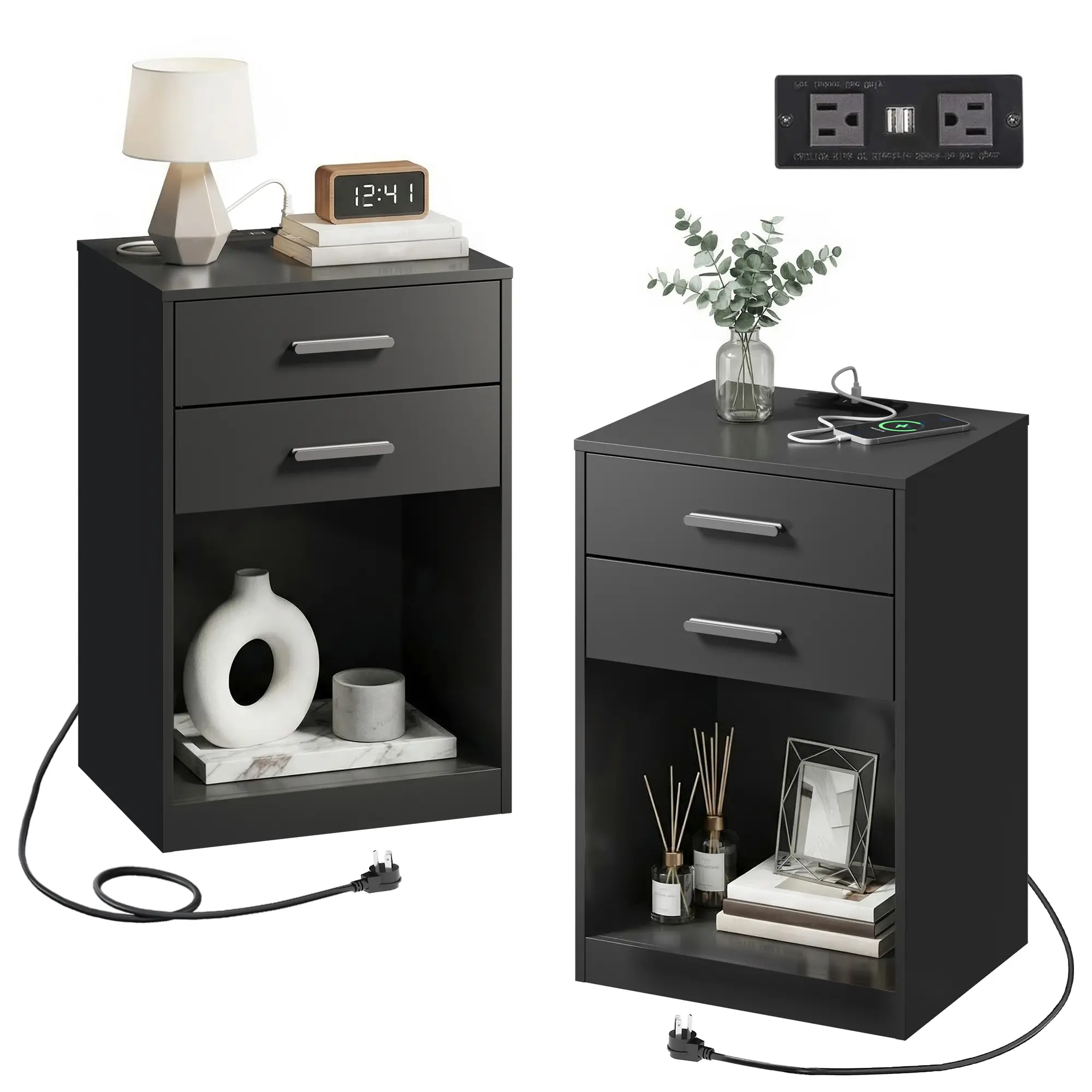 WLIVE Black Smart Nightstand Set of 2 with Charging Station, Wood 2-Drawer Bedside Tables with Open Shelf, for Bedroom Living Room Decor, Apartment Decor Ideas Homegoods