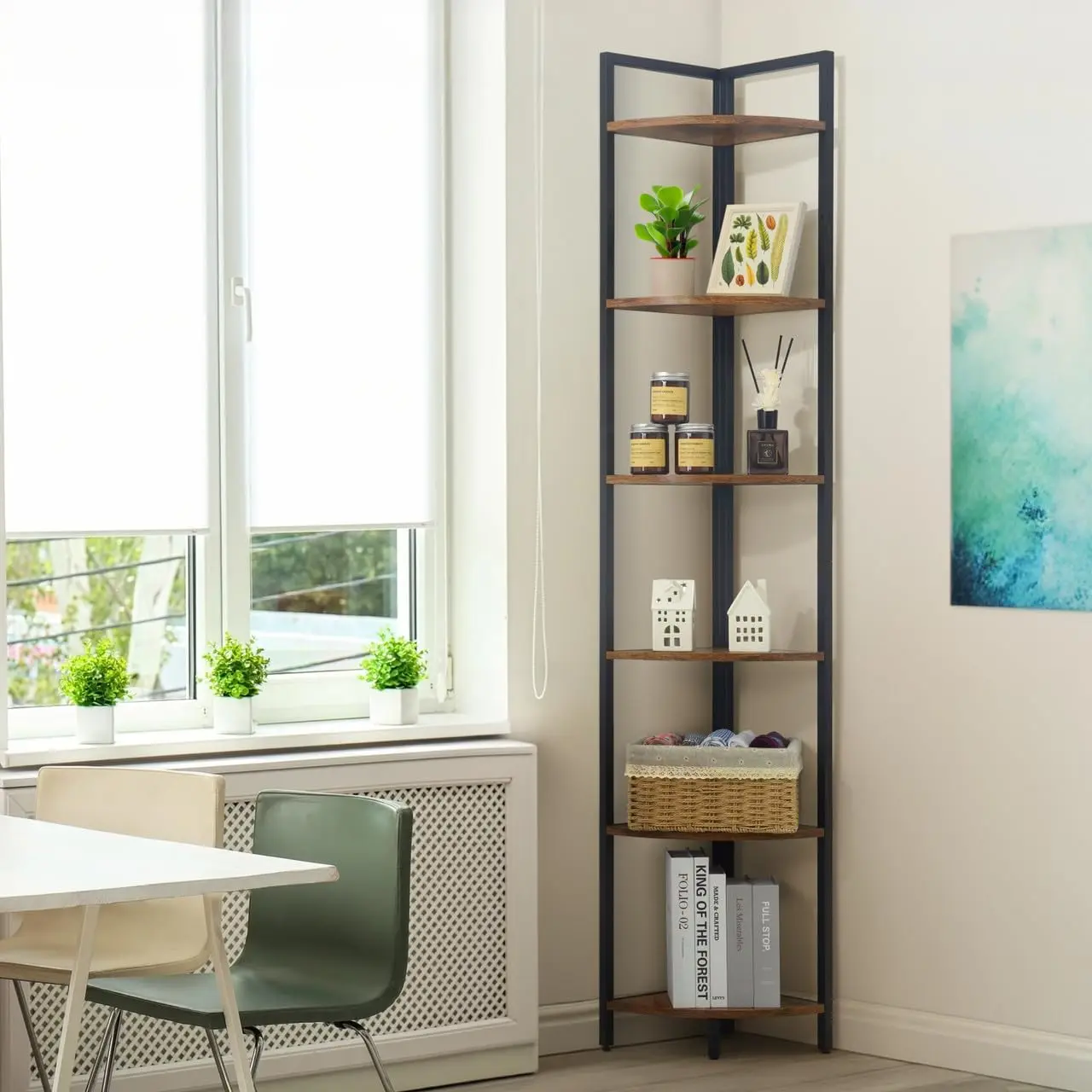CAPHAUS Corner Bookshelf, 6 Tier Corner Shelf, 71.7-Inch Tall Corner Stand with Metal Frame, Industrial Round Corner Shelf Stand, Versatile Display Shelving Unit for Home Office Space, Black/Dark Grey/Rustic Oak/White