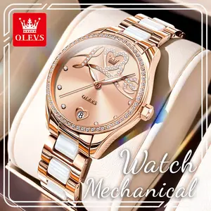 OLEVS 6686 Women’s Automatic Mechanical Watch, Love-Themed Relief Dial with Crystals, Multi-Color Dial Options, Rose Gold Ceramic Band, Waterproof Luminous Luxury Dress Watch