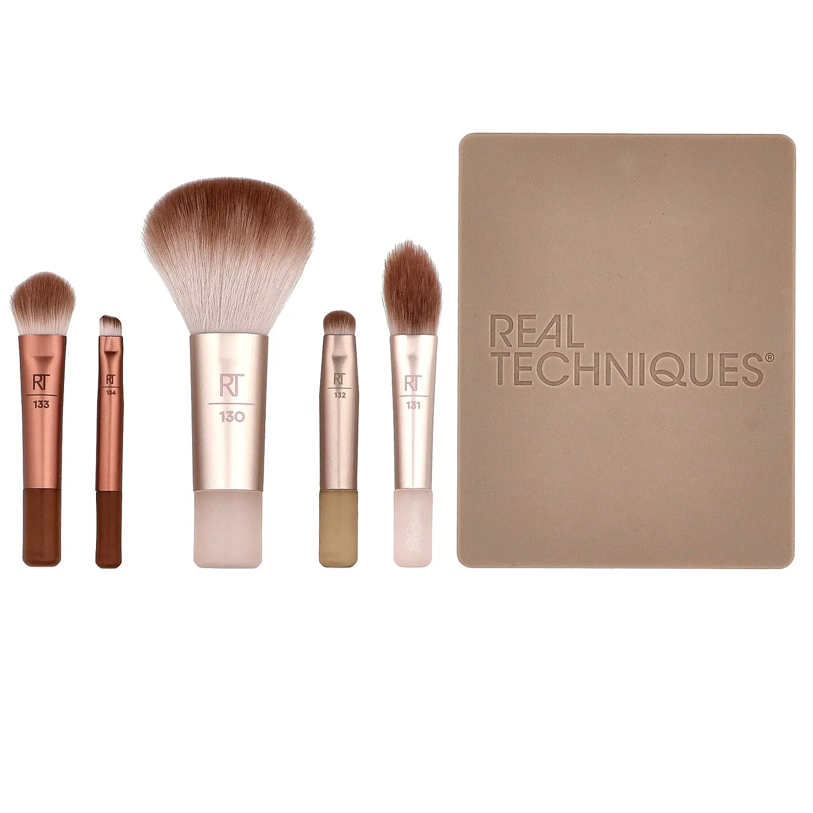 Real Techniques New Nudes 2.0, On-The-Glow Mini Brush Set + Mirrored Compact, 6 Piece Set