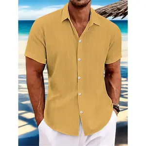 Men's Pure Color Linen Short Sleeve Shirt, Loose Fit Breathable Textured Button-Up, Casual Short Sleeve Knit Top for Office and Outdoor(Sheets)