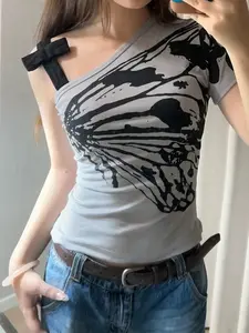 Women's Casual Off-Shoulder Shortsleeve Cotton T-Shirt - Korean Harajuku Aesthetic Print, Front Bow-Tied Top for Ladies