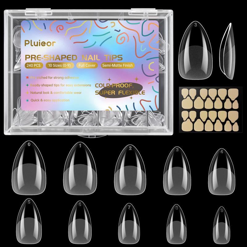 【Pluieor Official】Short Almond Nail Tips - 240Pcs Semi-Matte Full Cover Clear False Nails,10 Sizes Premium PMMA Fake Nails , Shatterproof & Flexible Press on Nails for Salons & DIY