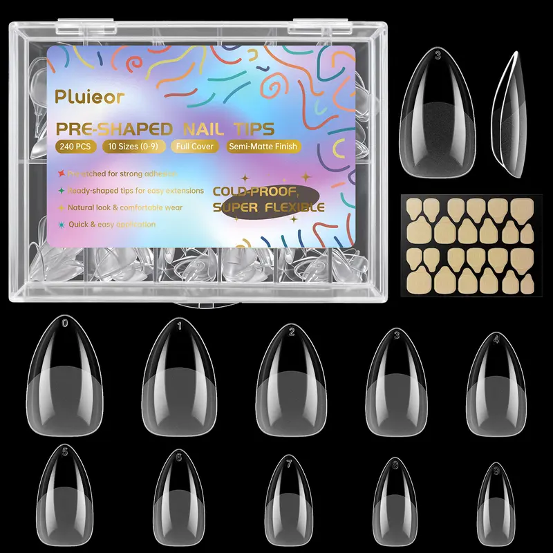 【Pluieor Official】Short Almond Nail Tips - 240Pcs Semi-Matte Full Cover Clear False Nails,10 Sizes Premium PMMA Fake Nails , Shatterproof & Flexible Press on Nails for Salons & DIY