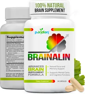 Puridian Brainalin Advanced Brain Formula - Natural Nootropic Capsules for Memory Focus & Concentration - Non-GMO Caffeine-Free Healthcare Supplement