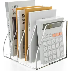 Acrylic Magazine File Holder, 4 Vertical Compartments Desk Document Sorter Organizer, Clear Folder Rack Binder for Office, Tablets, Magazines, Books – Home/Classroom Rack, 5mm Thick