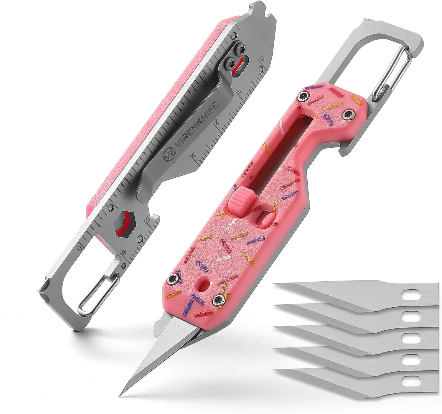 VIRENKNIFE 12-in-1 EDC Multitool Keychain Mini Utility Knife, EDC Gear with Retractable Razor Blade Box Cutter, Screwdriver, Pry Bar, Carabiner, Bottle Opener for Everyday Carry (Donut)