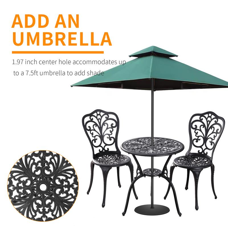 Withniture Cast Aluminum Patio Bistro Set 3 Piece Bistro Table and Chairs with Umbrella Hole for Garden Porch