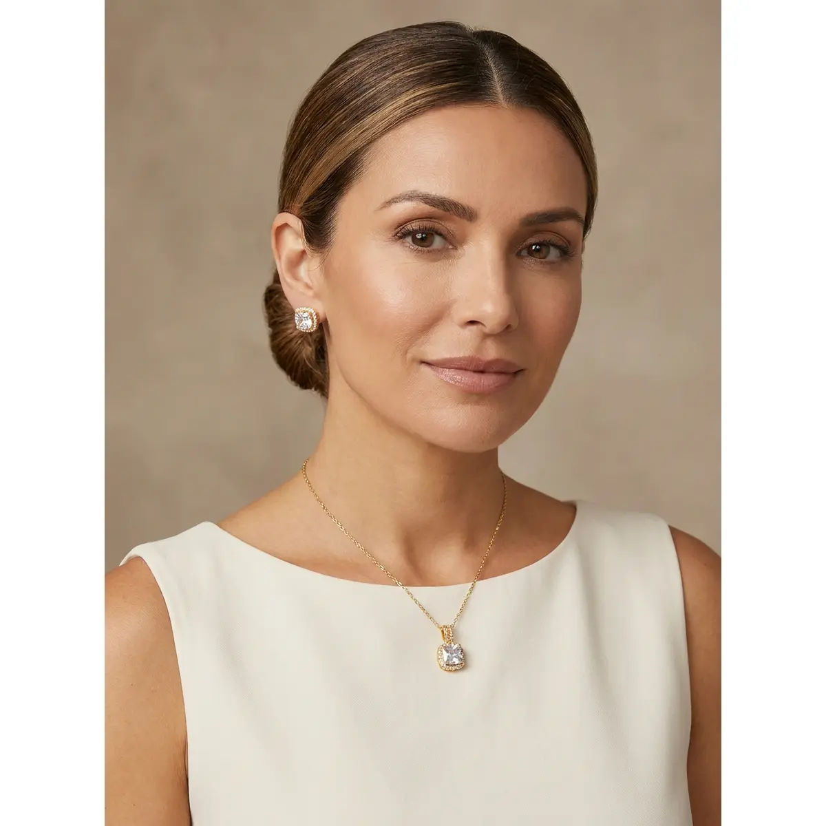 Radiant Cushion Halo Gold-Plated Necklace and Earring Set for Women